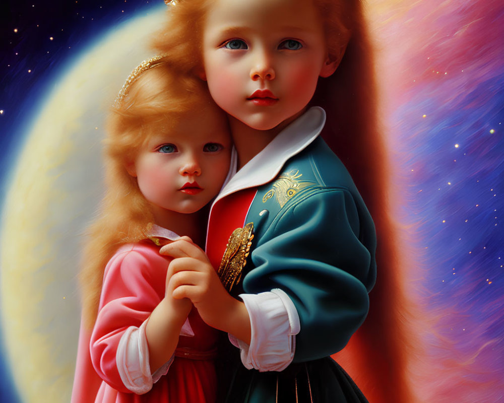 Stylized hyper-realistic children with striking eyes against celestial backdrop