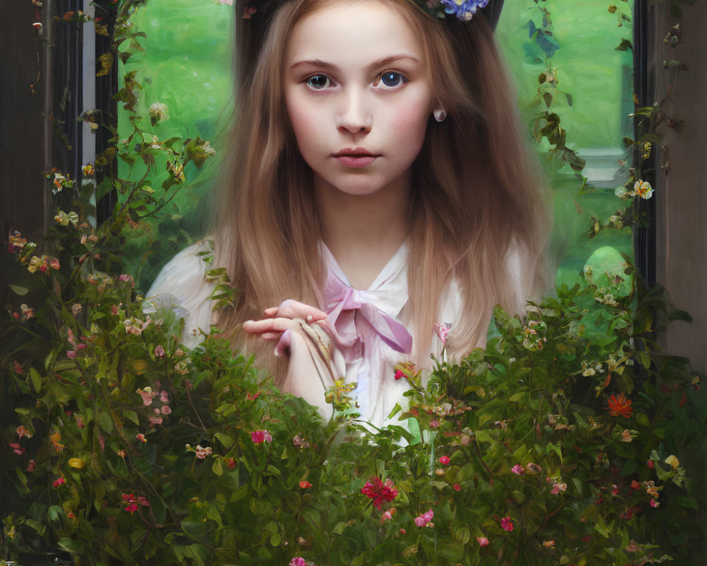 Young girl wearing floral crown and bow tie, surrounded by lush greenery and colorful flowers.