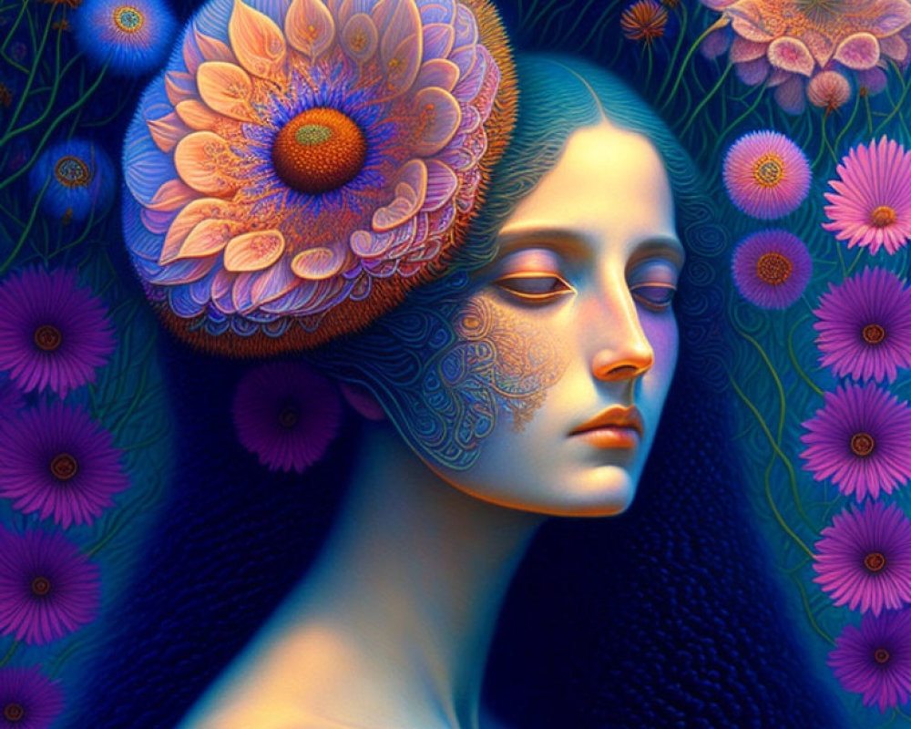 Vibrant surreal portrait of a woman with long flower-adorned hair