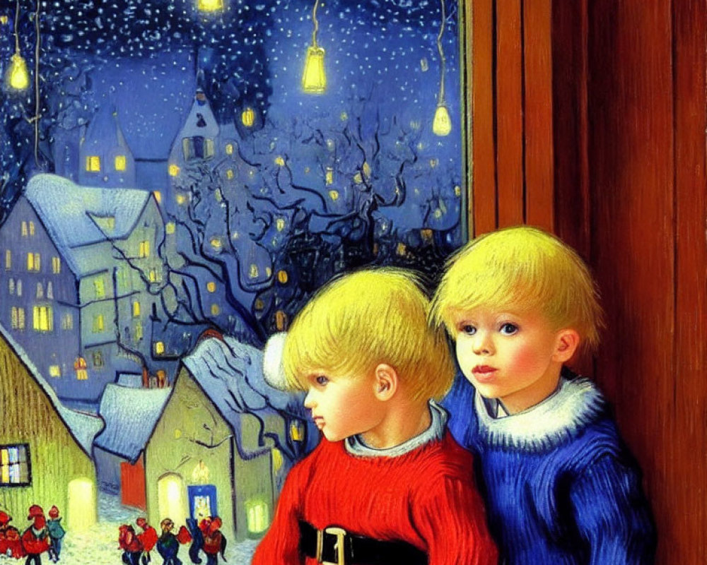 Children looking at snowy evening scene with vintage street lights.