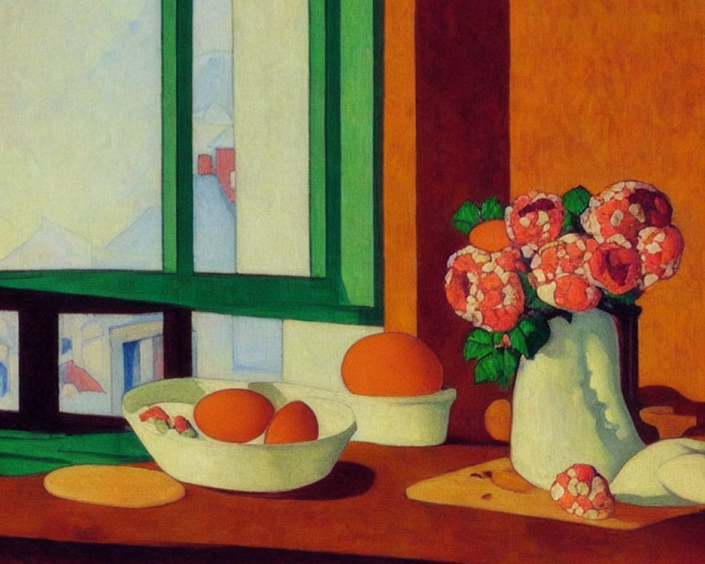 Classic Still Life Painting with Vase, Flowers, Eggs, Fruit, and Window View