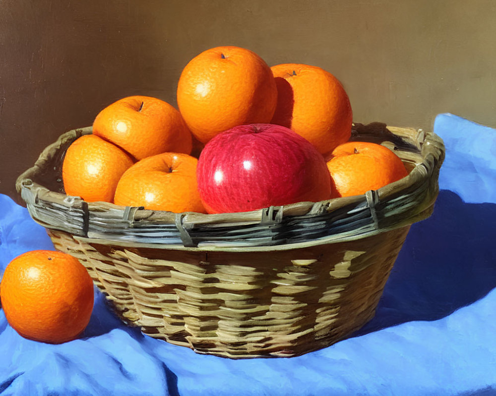 Classic Still Life Painting with Wicker Basket, Oranges, Apple, and Blue Cloth