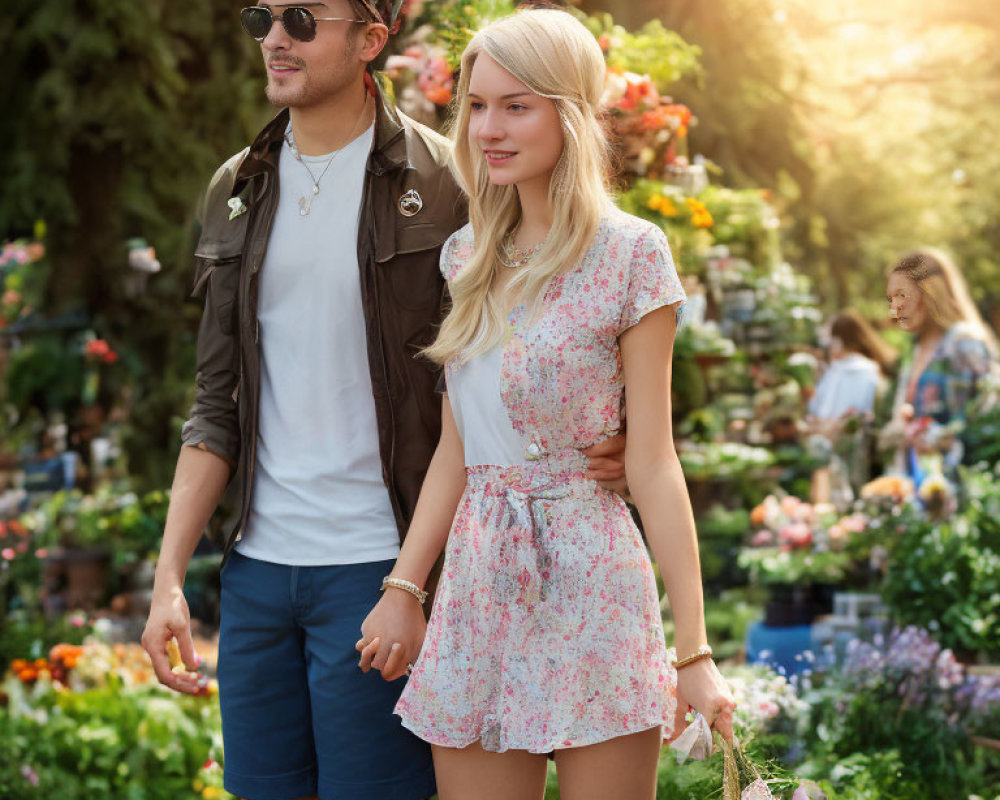 Young couple strolling in flower market on sunny day