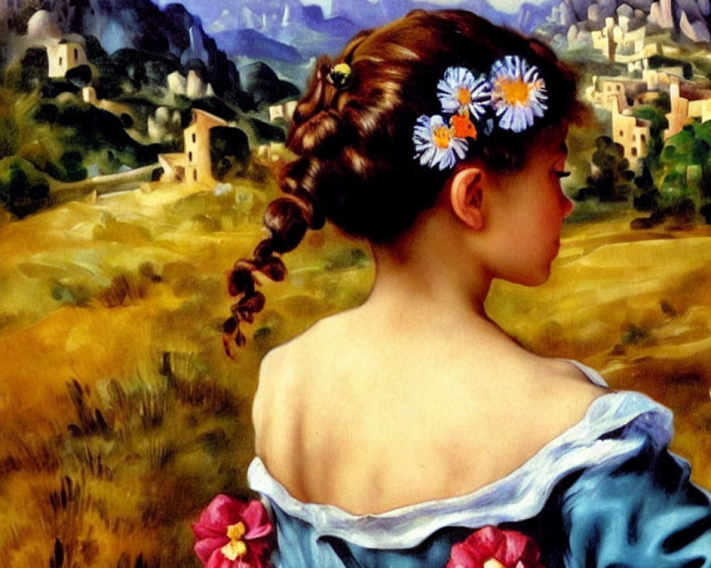 Young girl with flowers in hair admires village nestled among mountains