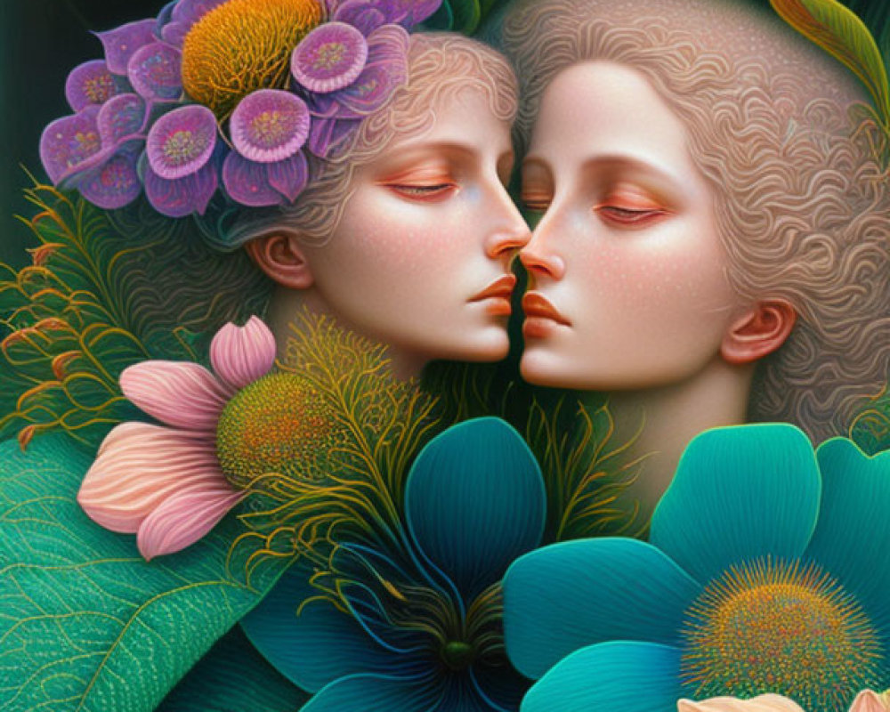 Ethereal faces amidst vibrant fantastical flora evoking nature and beauty