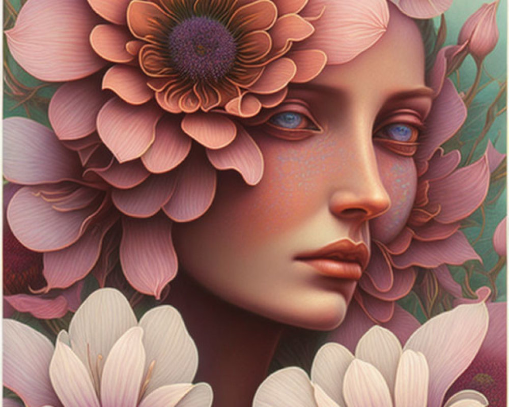 Surreal portrait of woman with floral features on leafy backdrop