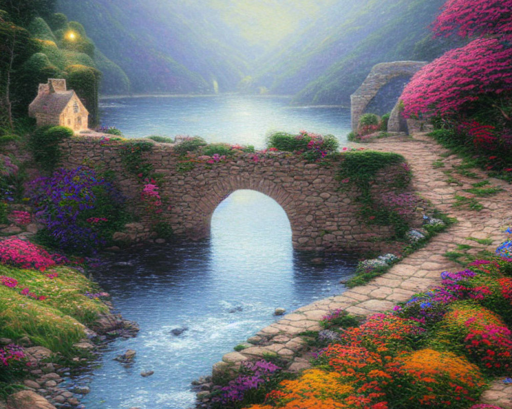 Tranquil sunset scene: stone bridge, cottage, blooming plants