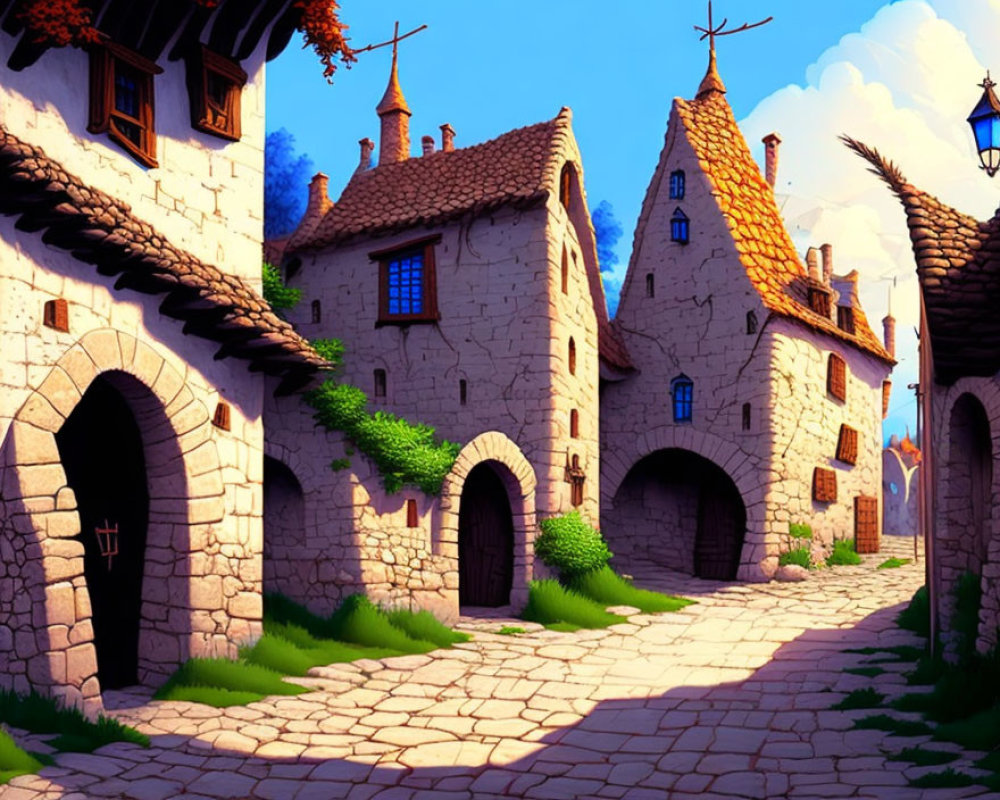 Picturesque cobblestone street in medieval village with stone houses and ivy under clear blue sky