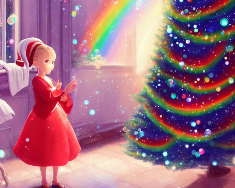 Young girl in red Christmas dress admires colorful tree with falling snowflakes and rainbow