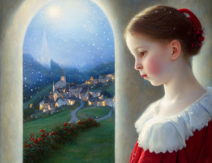 Young girl in red and white dress looking out window at twilight village with shooting star