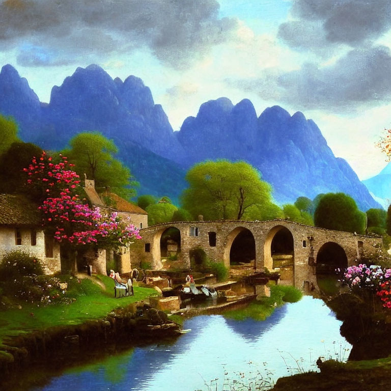 Tranquil rural landscape with stone houses, arched bridge, river, mountains, and villagers.