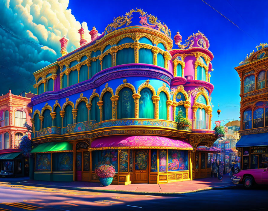 Ornate blue and gold building in cityscape with pink bus