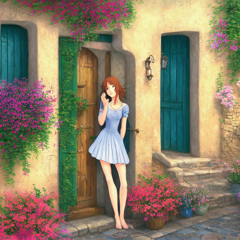 Red-haired woman in blue dress by green door of stone house with purple flowers