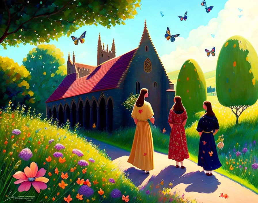 Three Women in Traditional Dresses Walking Towards Old Church Amid Vibrant Flowers