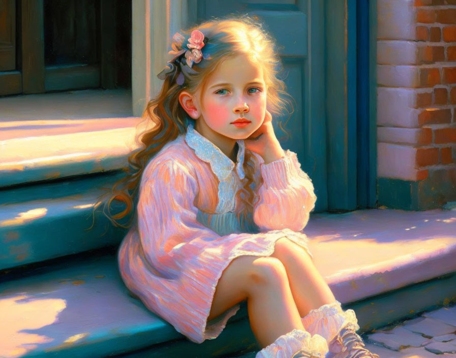 Young girl with long, wavy hair sitting on doorstep gazing thoughtfully.