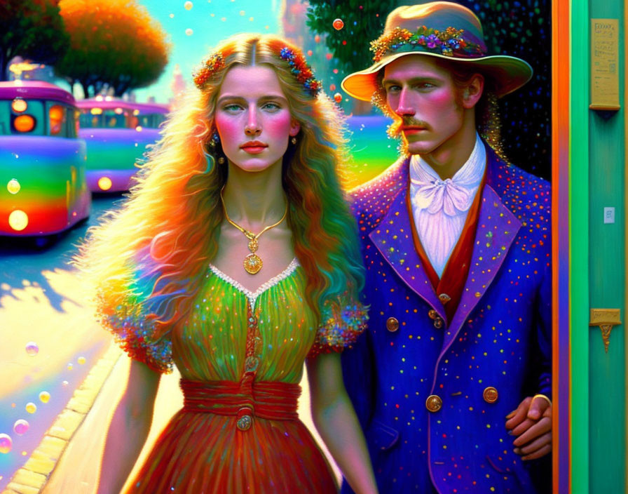 Colorful surreal portrait of woman and man in whimsical street scene