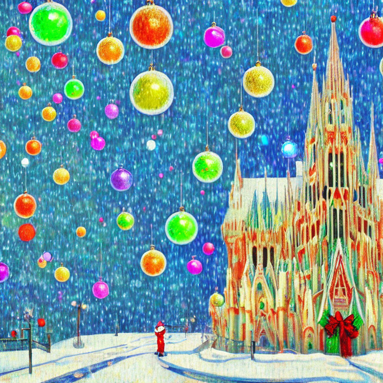 Vibrant Santa Claus illustration near Gothic cathedral in snowy Christmas scene