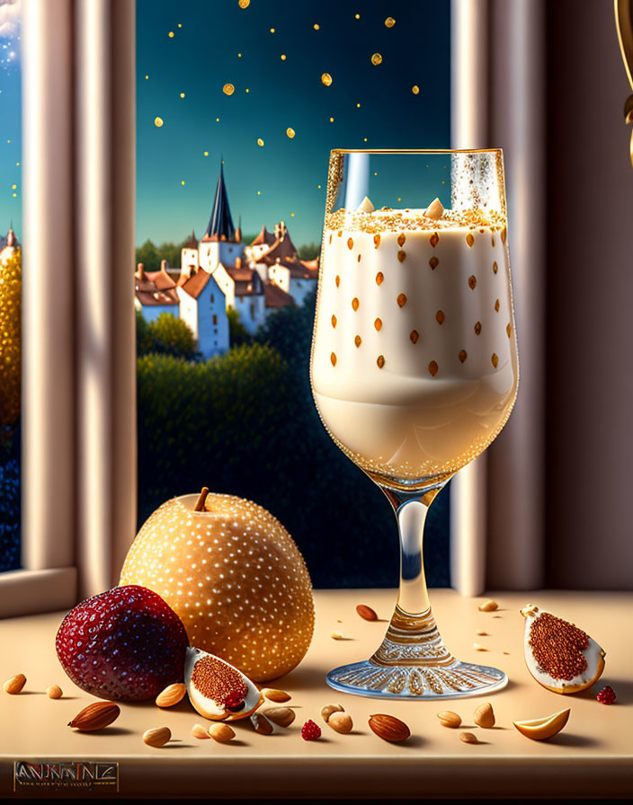 Digital artwork of golden liquid, nuts, figs, and strawberries on windowsill.