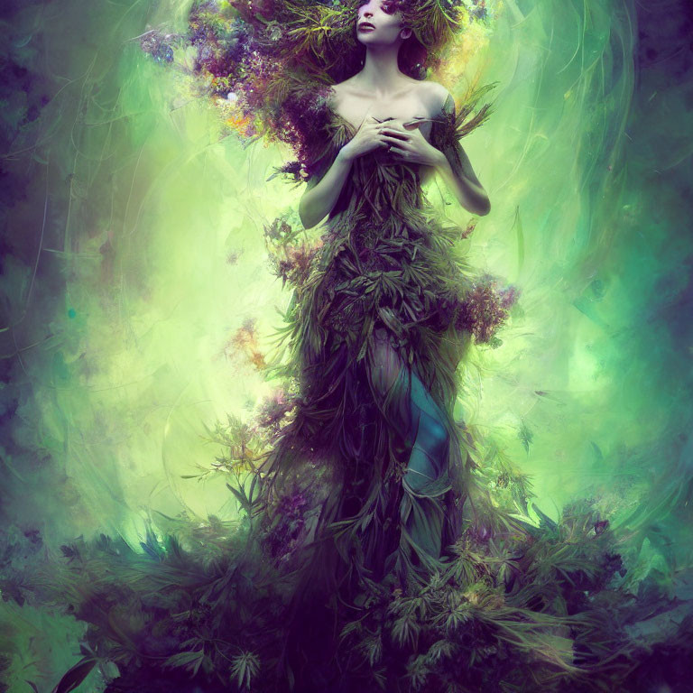 Ethereal woman in green leaf gown against misty background