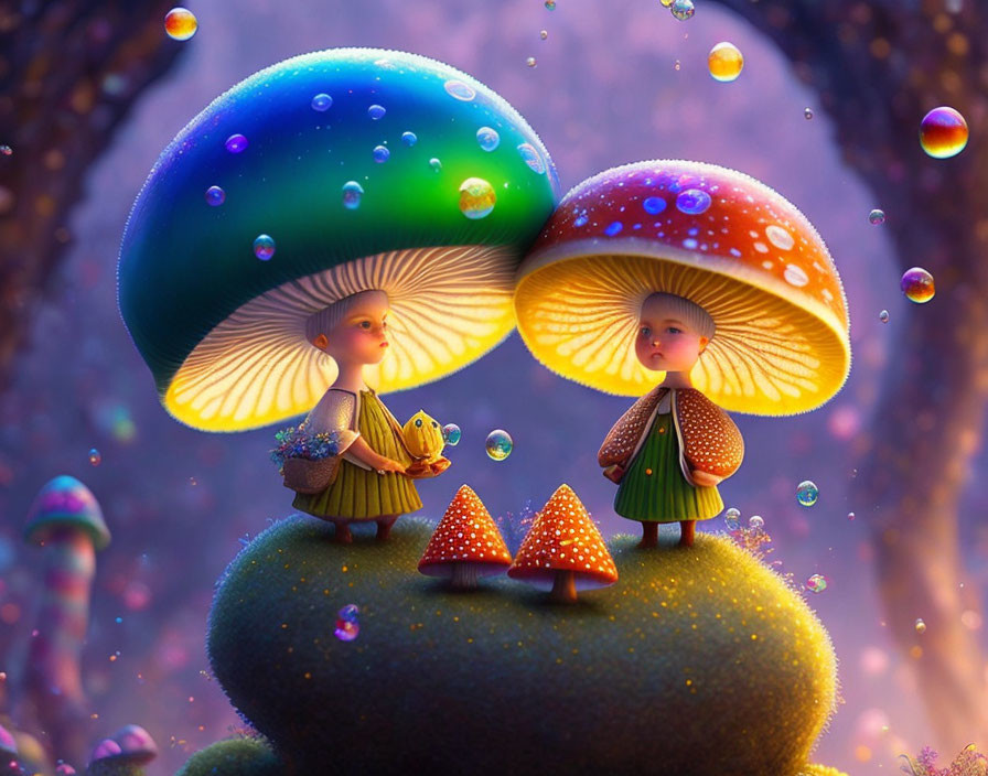 Elderly animated characters under large colorful mushrooms in magical setting