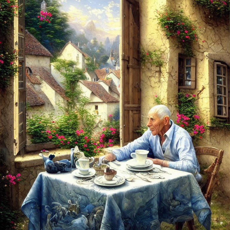 Elderly man having breakfast with pigeons in quaint village setting