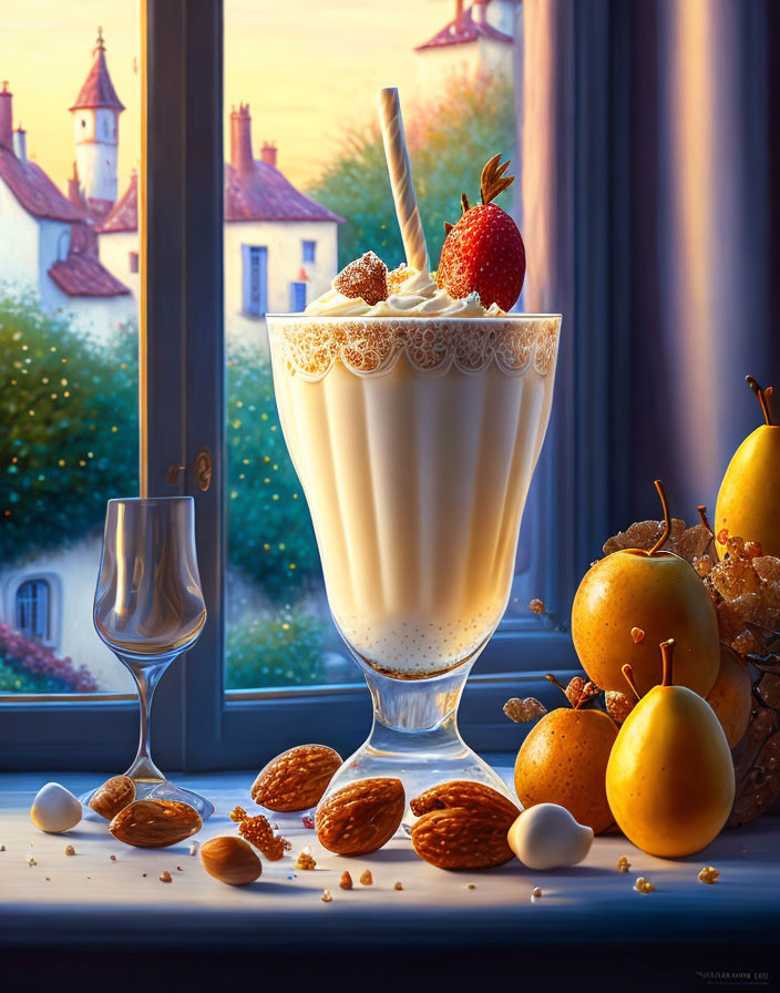 Creamy milkshake with whipped cream, strawberry, cereal, almonds, and pears on windowsill