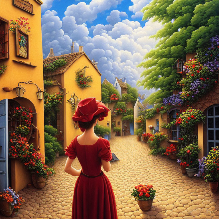 Woman in Red Dress and Hat on Cobbled Street with Yellow Houses and Flowers