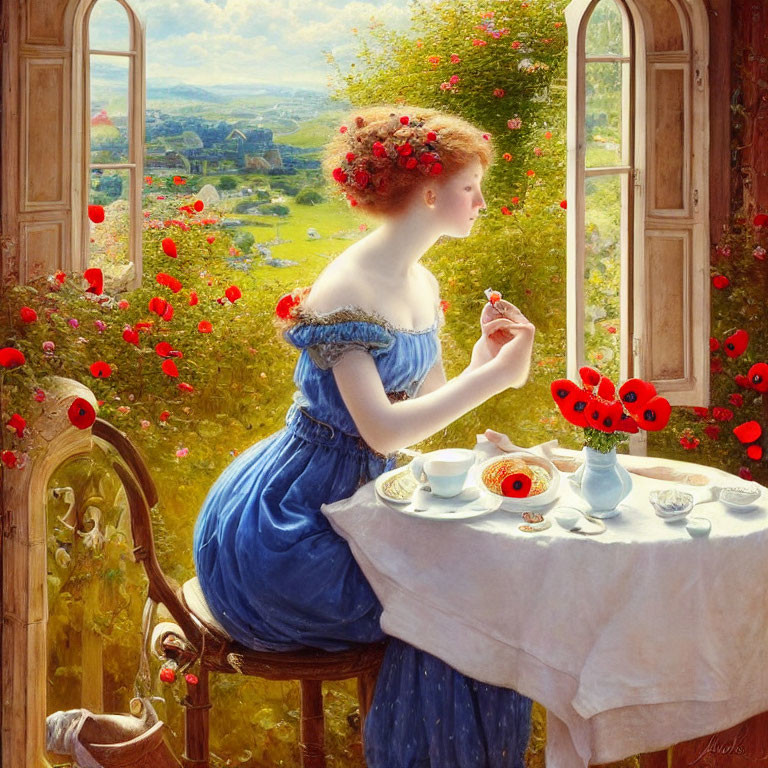 Woman in Blue Dress Sitting by Open Window Surrounded by Flowers and Butterflies