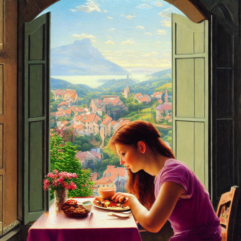 Woman dining by window with village view and flowers