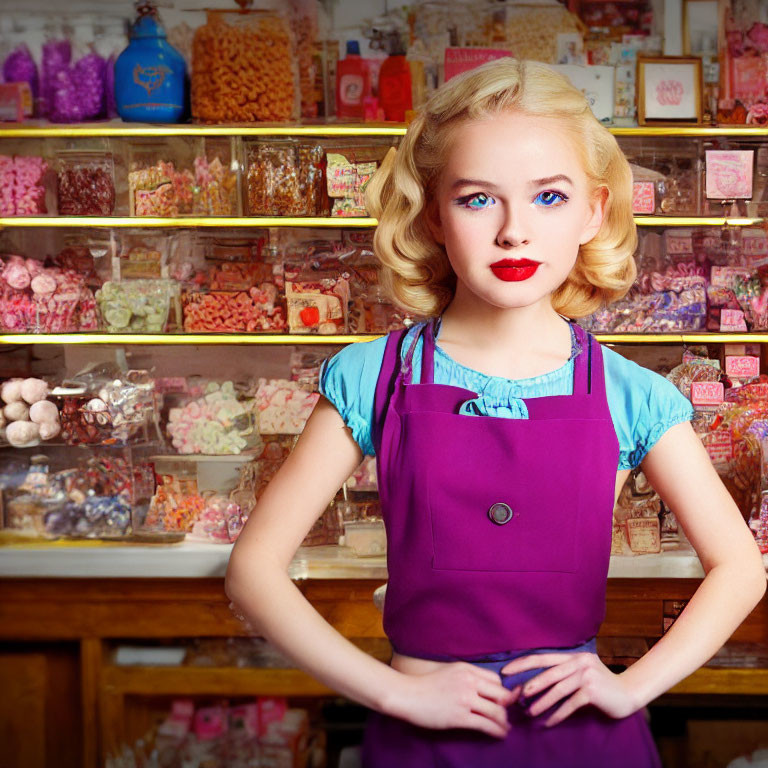 Blonde Girl in Blue Apron at Candy Store Display