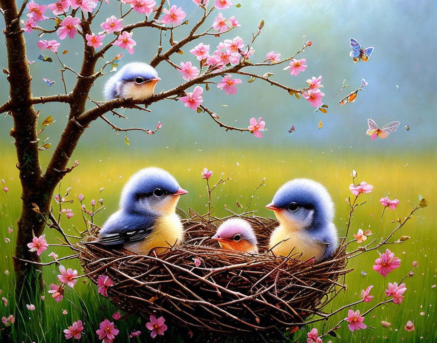 Fluffy chicks in nest with pink blossoms and butterflies on green backdrop