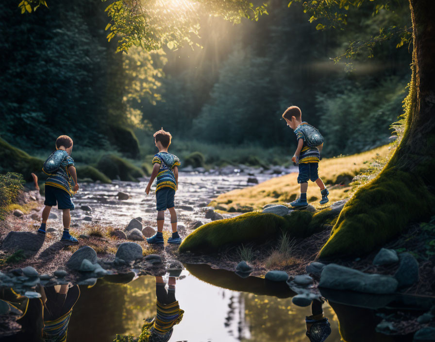 Children playing by serene river in sunlit forest scene