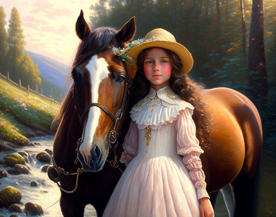 Girl in vintage dress with straw hat beside brown horse in sunlit forest clearing