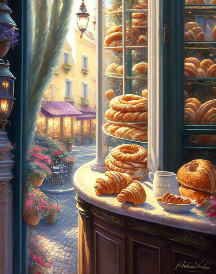 Bakery window with fresh croissants and quaint street view