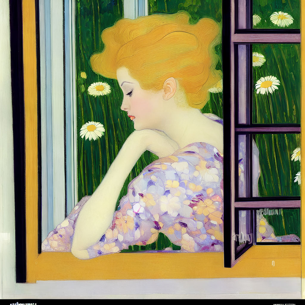 Red-haired woman in floral dress gazes out window among daisies and foliage