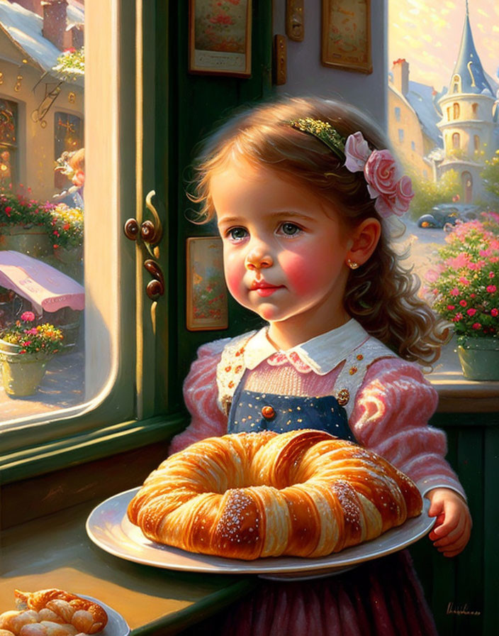 Young girl with rosy cheeks holding a golden croissant by the window