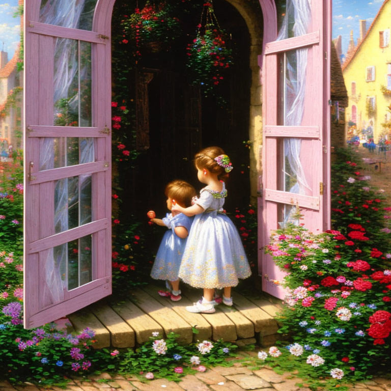 Children standing at open door with flowers, garden, and cobblestone path