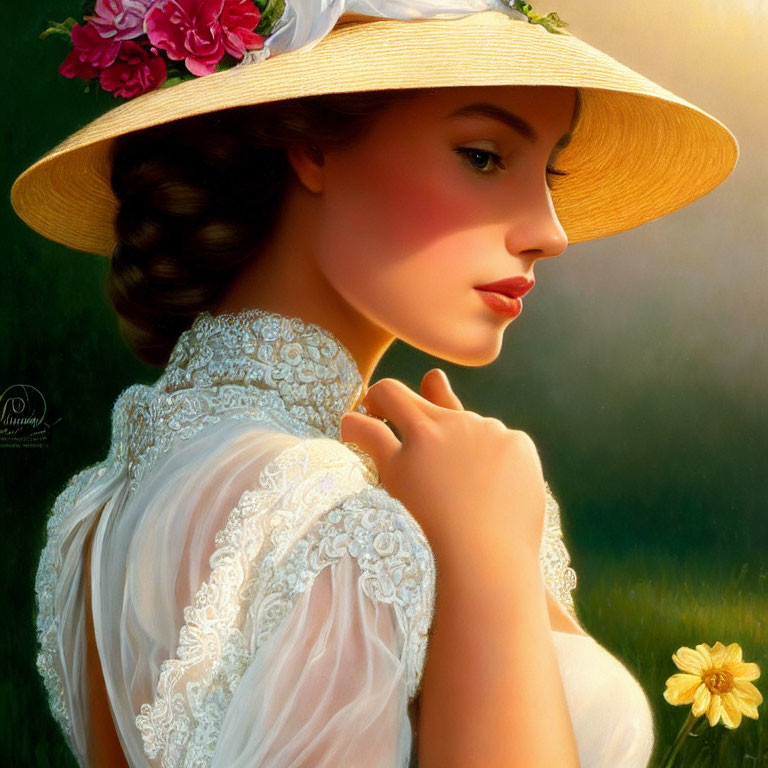 Woman in straw hat and lace dress in sunlit scene