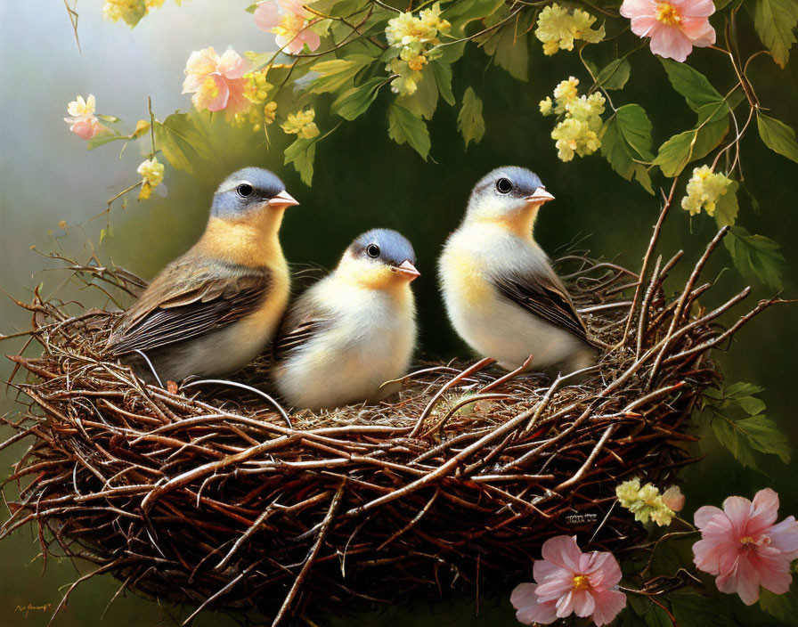 Three Young Birds in Nest Surrounded by Blossoming Flowers