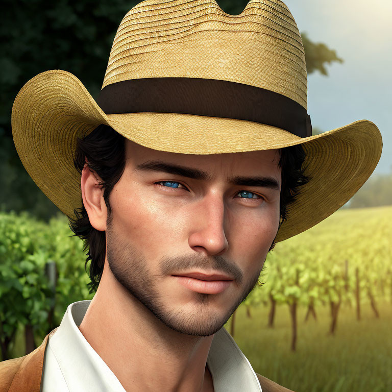 Digital artwork: Man with Blue Eyes in Straw Hat, Vineyard Background