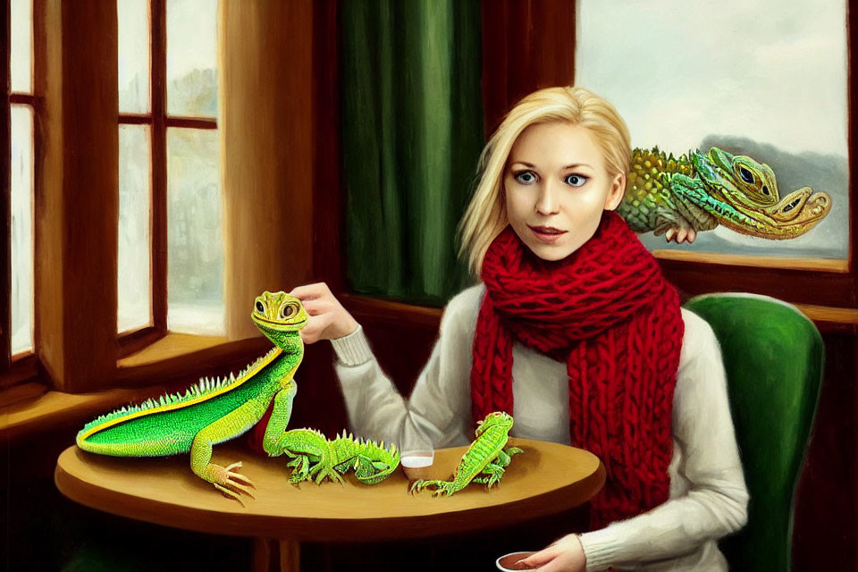 Woman in red scarf with three green reptiles at table near large window