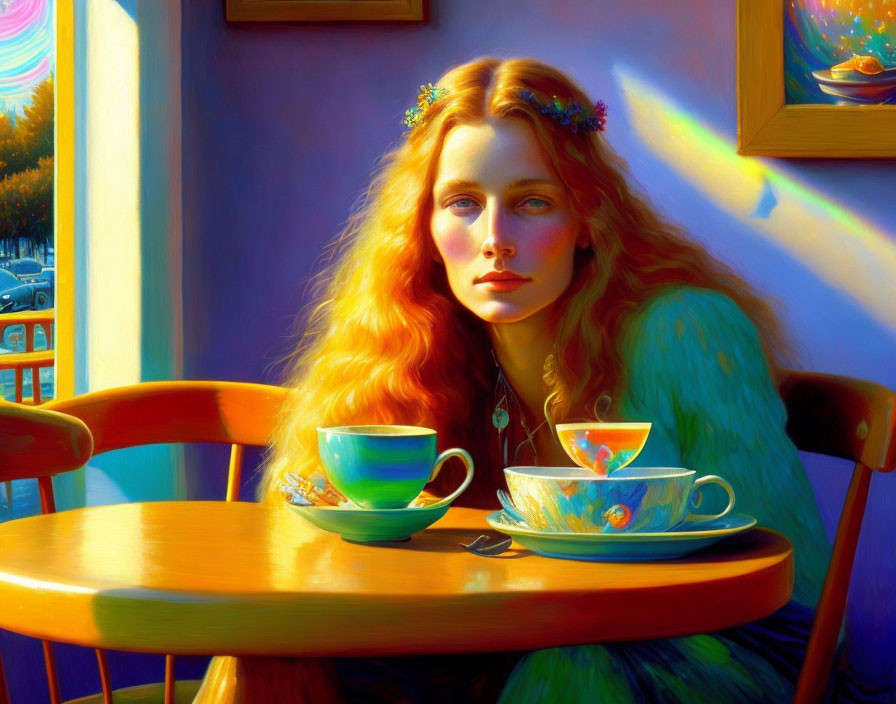 Woman with flowing hair and floral crown at table with teacups in warm, colorful light