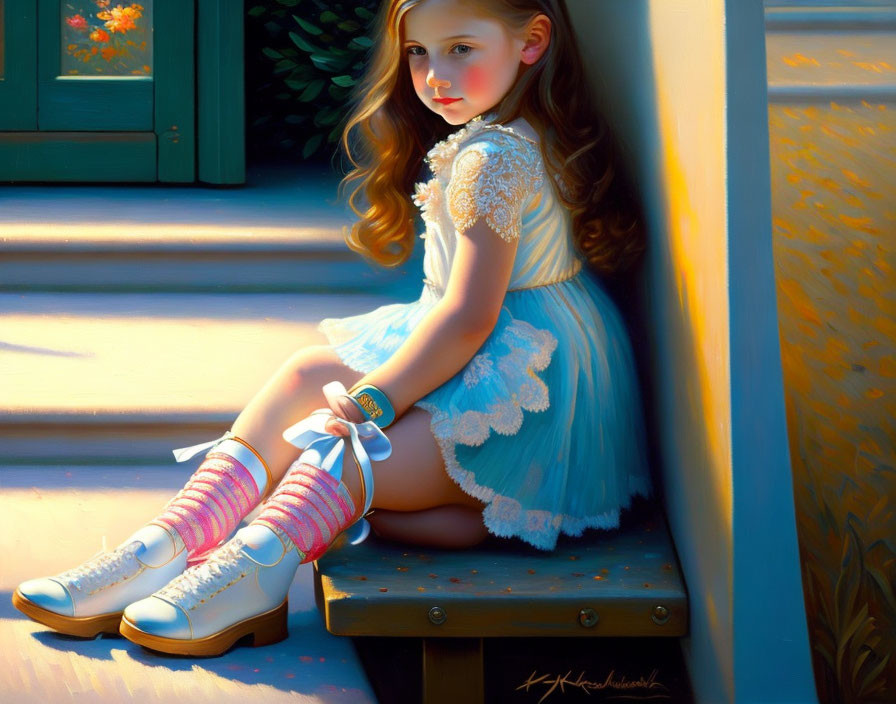 Young girl with auburn hair in blue dress on wooden step in sunlight