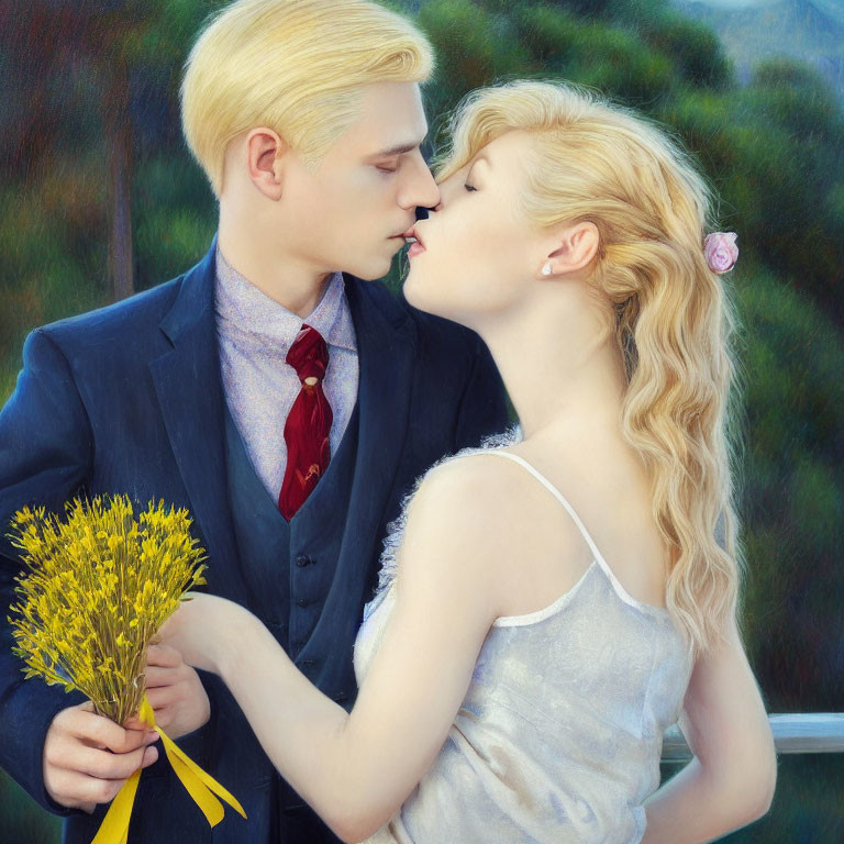 Blonde couple nose kissing with yellow flowers in romantic painting