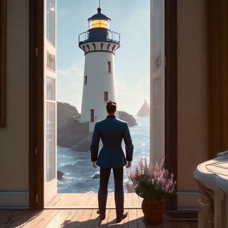 Business person at open door views lighthouse and sea scene