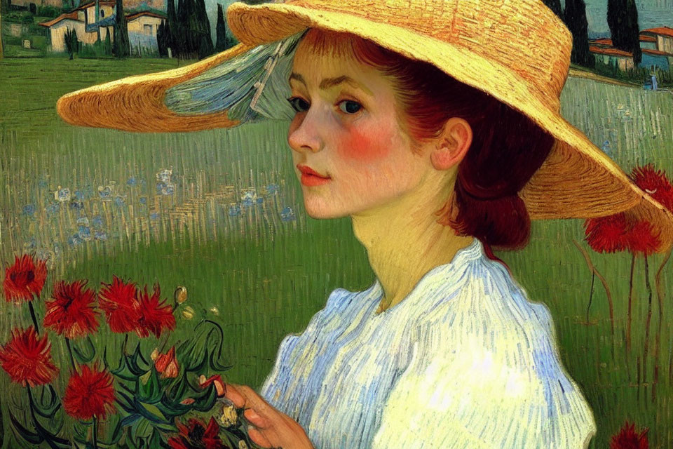 Woman with Wide-Brimmed Hat in Red Flower Field: Serene Painting