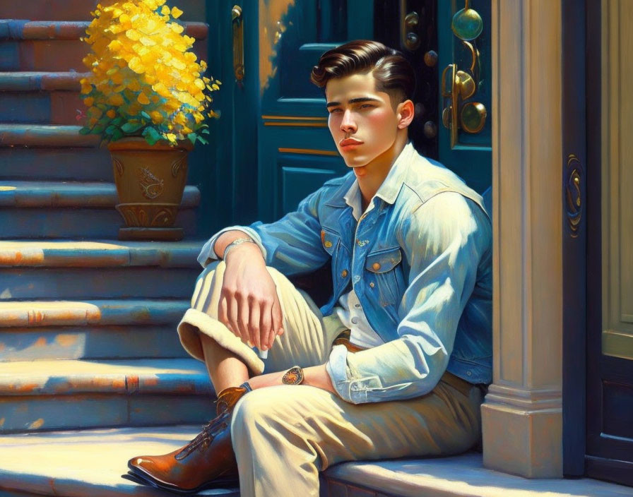 Young man in denim shirt and trousers sitting on sunlit steps with slicked-back hair and thoughtful expression