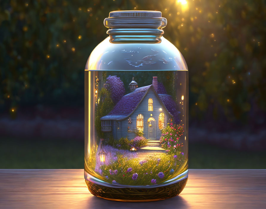 Digital artwork: Quaint cottage in glass jar with warm glow at twilight