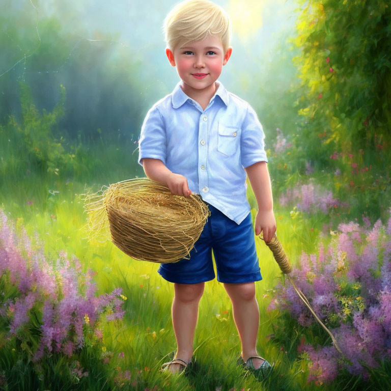 Blond-haired boy in blue outfit holding basket in sunny meadow