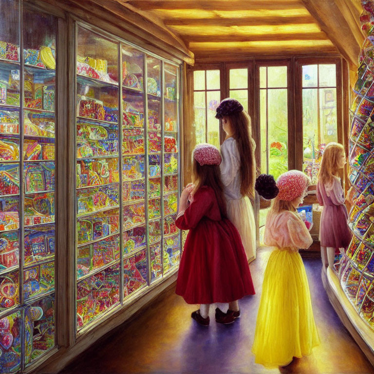 Four girls in colorful dresses admiring display of candies in cozy store